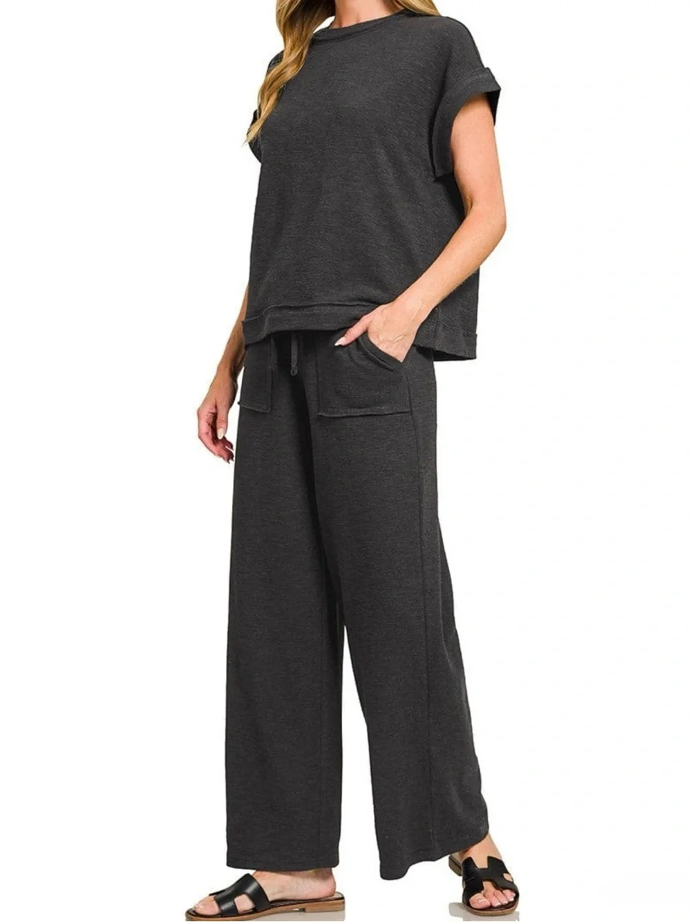 Zenana Cotton Slub Short Sleeve Tee And Wide Leg Pants Set
